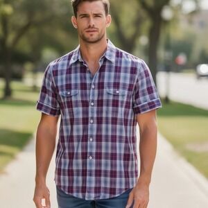 Hugo Boss Orange Mens Plaid Short Sleeve Button Down Shirt Red Blue XL US XXL EU